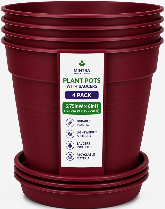 Mintra Garden Pots, 4 Pack Bulk Plastic Plant Pots with Drainage Tray, Round Indoor & Outdoor Decorative Planters with Drain Holes for Flowers, Herbs & Plants, 17cm Diameter – Burgundy, 6.6 in