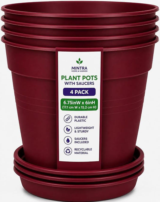 Mintra Garden Pots, 4 Pack Bulk Plastic Plant Pots with Drainage Tray, Round Indoor & Outdoor Decorative Planters with Drain Holes for Flowers, Herbs & Plants, 17cm Diameter – Burgundy, 6.6 in