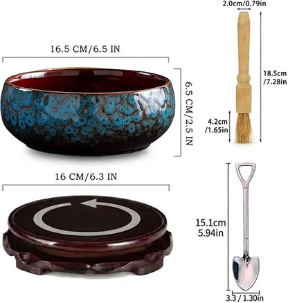 Lotus Bowl Planter - Ceramic Leak-Proof Hydroponic Pot with Rotating Bracket, 6.5 x 2.5 in Round Shallow Plant Glazed Vase, Indoor Water Planting for Home, Patio, Zen Garden Decor