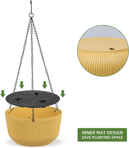 Dexceder 9.8 Inch Self Watering Hanging Planter (2 Pack, Yellow) | Thickened Hanging Basket Flower Plant Pot Indoor Outdoor