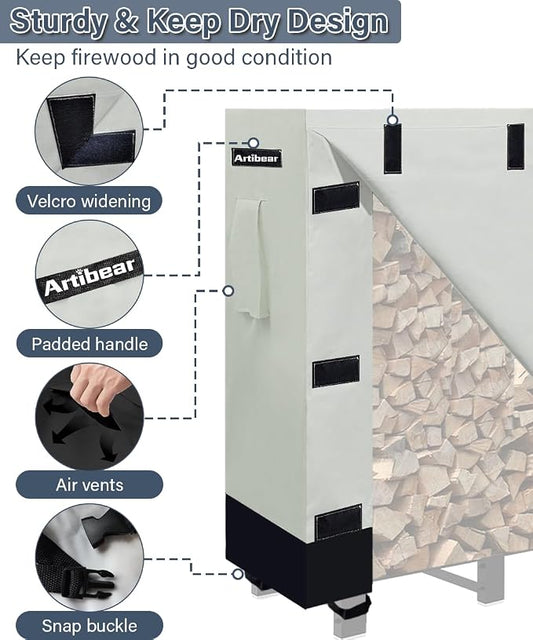 4ft Firewood Rack Cover for Wood Holder, Waterproof Wood Pile Cover for Outside, Indoor Outdoor Log Rack Cover with Buckle, Khaki, 420D Oxford Cloth (Frame not Included)