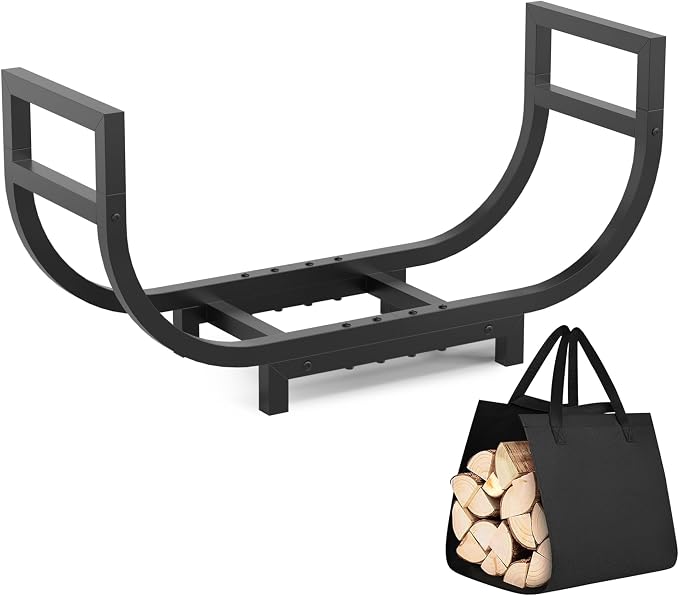 34-inch Firewood Rack Outdoor Indoor with Log Carrier Bag, Stable Log Holder Rustproof Metal Wood Rack for Fireplace Patio Deck Firepit, Heavy Duty Firewood Storage Organizer Tool, Black