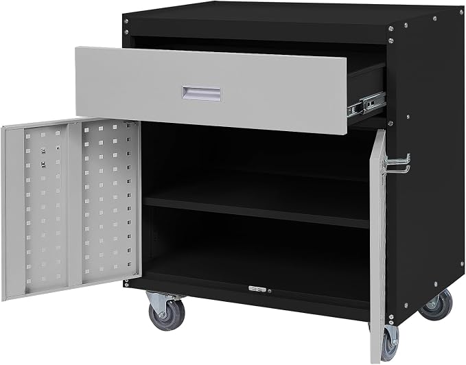 Metal Storage Cabinet with Wheels 30" x 18" x 34" Mobile Metal Garage Cabinet with 1 Drawer & 2 Doors Small Rolling Tool Storage Cabinet with 1 Adjustable Shelf & 4 Hanging Hooks, Black & Gray
