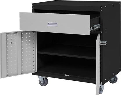 Metal Storage Cabinet with Wheels 30" x 18" x 34" Mobile Metal Garage Cabinet with 1 Drawer & 2 Doors Small Rolling Tool Storage Cabinet with 1 Adjustable Shelf & 4 Hanging Hooks, Black & Gray