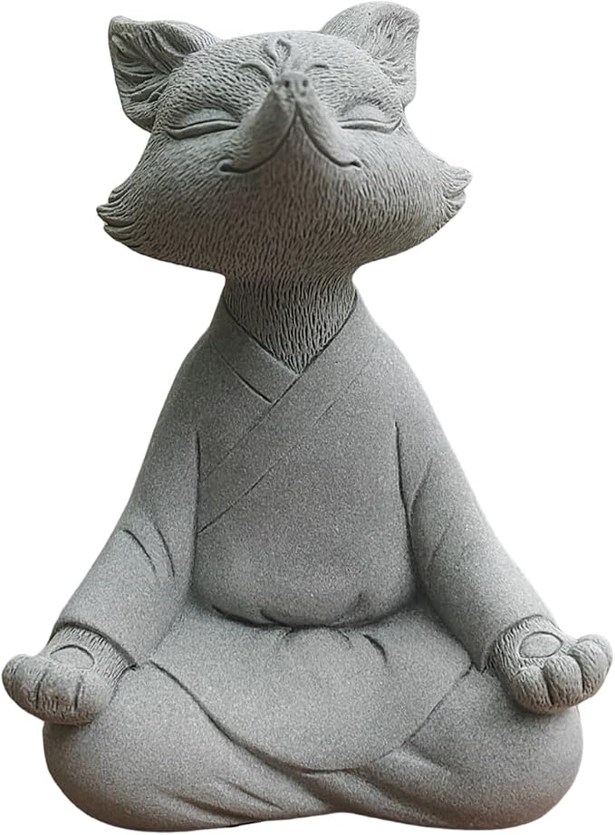 livelyfish Meditating Fox Buddha Statue Aquarium Zen Yoga Animal Figurines Sandstone Sculpture for Fish Tank Garden Tabletop Decor, L1