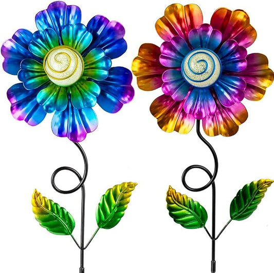 Metal Flowers for Outside, 2 Pack 25'' Flower Decorative Garden Stakes for Spring Yard Decor, Flower Metal Yard Art for Porch Fence Patio Garden Decor (Yellow & Purple)