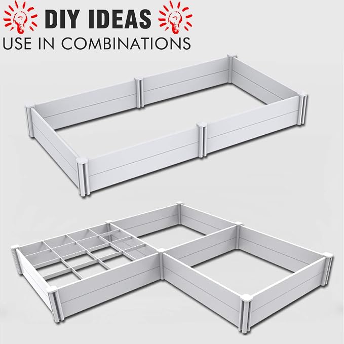 Raised Garden Bed Kit 4'x4' Outdoor Above Ground Planter Box for Growing Vegetables Flowers Herbs, DIY Gardening, Whelping Pen and More, Screwless White Vinyl Garden Bed with Grid