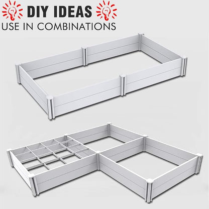 Raised Garden Bed Kit 4'x4' Outdoor Above Ground Planter Box for Growing Vegetables Flowers Herbs, DIY Gardening, Whelping Pen and More, Screwless White Vinyl Garden Bed with Grid