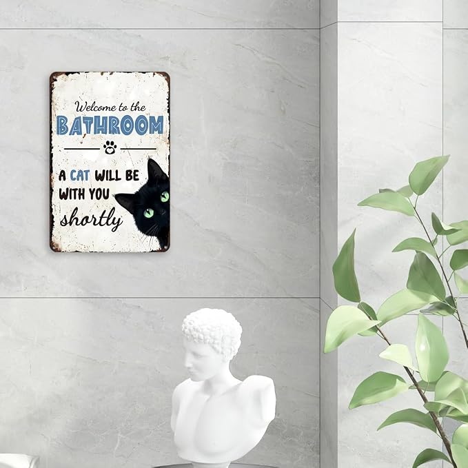 mmiishe Metal Signs Black Cat Lover Gifts for Women Men Funny Cat Bathroom Decor Vintage Metal Wall Decor for Restroom Toilet Powder Room Wall Art Plaques 8x12 Inches Bathroom Accessories