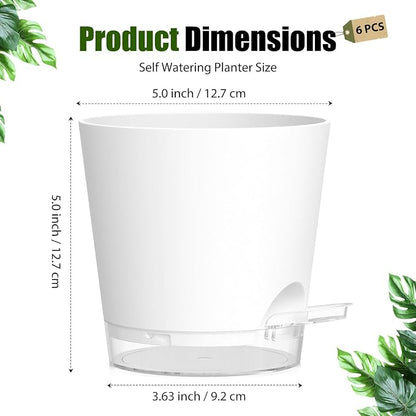 Plant Pots 5 Inch Self Watering Pots,6 Pack Plastic Planters with Drainage Holes and Clear Saucers,Plastic Flower Pots,Nursery Planting Pot for Indoor Out Door Plants (White)