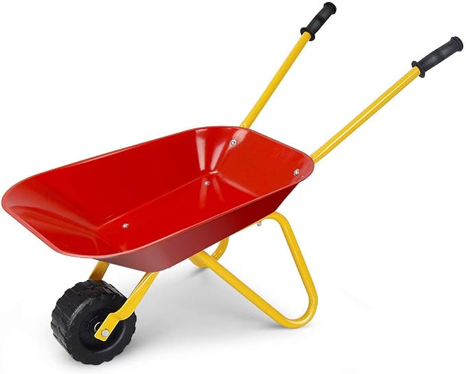 Nightcore Kids Metal Wheelbarrow, Metal Construction Toys Kart, Yard Rover Steel Tray, Tote Dirt, Tools, Leaves in Garden for Toddlers (Red)