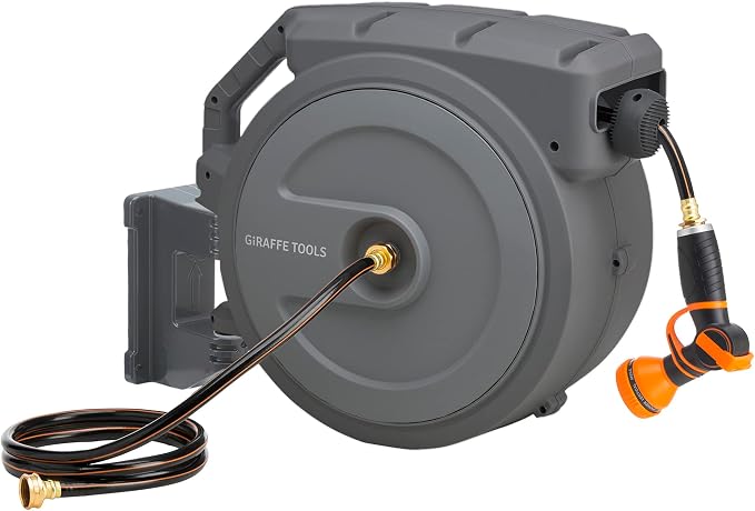 Giraffe Tools Retractable Hose Reel 1/2 in x130 FT PRO Metal Bracket Wall Mounted Heavy Duty Hose Reel with 7 Pattern Nozzle 180 Deg Swivel, Metal Bracket Any Length Lock (1/2 130FT PRO, Dark Grey)