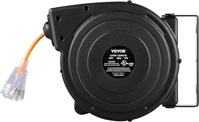 VEVOR Retractable Extension Cord Reel, 45 FT, Heavy Duty 12AWG/3C SJTOW Power Cord, with Lighted Triple Tap Outlet, 15 Amp Circuit Breaker, 180° Swivel Bracket for Ceiling or Wall Mount | Automatic Retractable with Lighted Triple Tap Outlet, 15 Amp Cir...