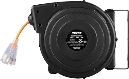 VEVOR Retractable Extension Cord Reel, 45 FT, Heavy Duty 12AWG/3C SJTOW Power Cord, with Lighted Triple Tap Outlet, 15 Amp Circuit Breaker, 180° Swivel Bracket for Ceiling or Wall Mount | Automatic Retractable with Lighted Triple Tap Outlet, 15 Amp Cir...