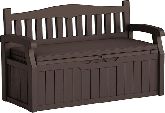 Greesum 80 Gallon Heavy-Duty Outdoor Storage Bench with Cushion, UV-Resistant Resin Bench with Armrest, Deck Box for Garden, Poolside, Patio, Dark Brown