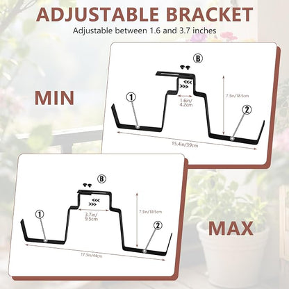 Deck Railing Planter Adjustable Window Box Set of 2 Outdoor Balcony Herb Planter Boxes with Window Plant Hanger, 17 Inch Plastic Hanging Flower Basket Planting Pots for Porch Fence Patio Decor, Red