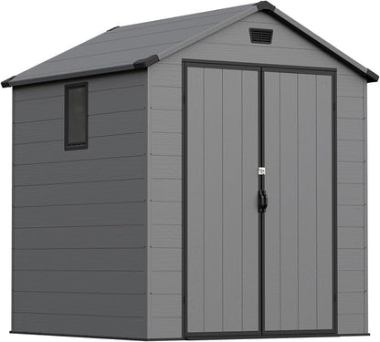 Greesum 6x6FT Plastic Outdoor Storage Shed with Floor, Resin Sheds with Lockable Double Door, Tool Sheds with Window and Vents, for Backyard, Garden, Patio, Dark Gray
