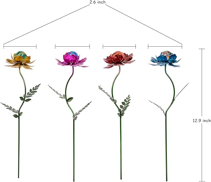 Viveta 4 Pack Flower Garden Stakes Decor, 12.9 inch Metal Flowers Outdoor Decor Waterproof Metal Flower Sticks for Patio, Lawn, Yard Decorations