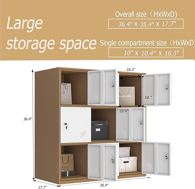 MECOLOR 9 Door Metal Office Storage Locker Cabinet, Gym School and Home Locker,Metal Locker Storage for Employee Staff or Workers(Browm and White)