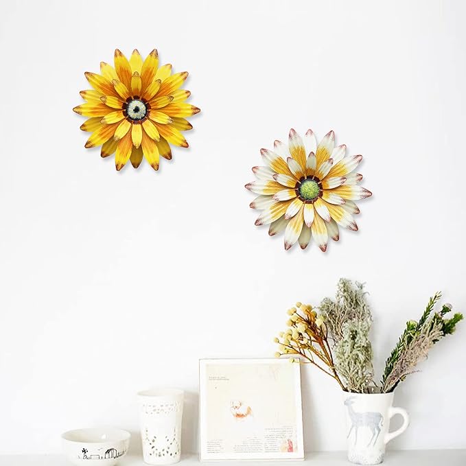 WKHOMEDECO Farmhouse Metal Flowers Wall Decor Inspirational Daisy Wall Decor Hanging for Indoor Outdoor Home Bedroom Living Room Office Porch Patio Garden Fence 13Inch,outdoor wall decor,Handmade