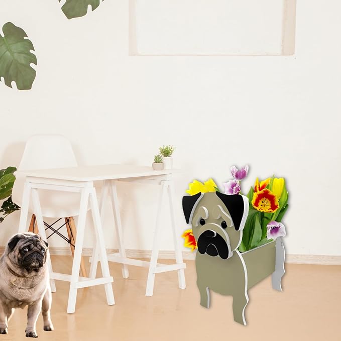 Pug Dog Planter Pots, 9.45 x 7.17 x 10.87 Inches | Dog Flower Pot, Cute Animal Shaped Plant Pot, Gifts for Women & Pet Lovers, Indoor Outdoor Garden Home Office Decor