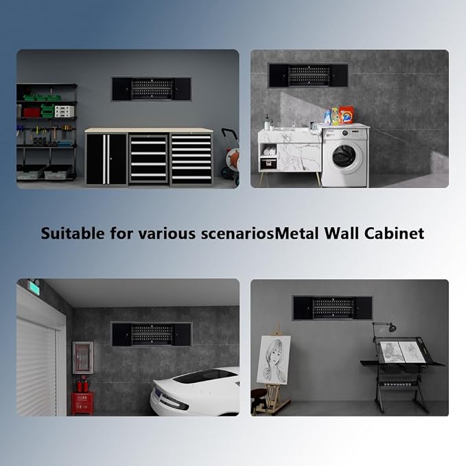 JZD Metal Wall Mount Cabinet 59" Long, Included 22 Hooks & Tool Holders, Space Saving for Workshop Storage Solutions