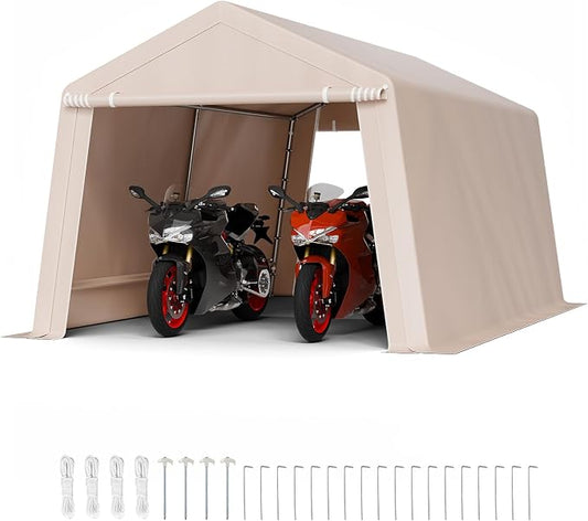 VEVOR 10 x 15 ft Outdoor Storage Shed Tent with Heavy-Duty Steel Frame, 2 Roll-Up Doors & Air Vents, Waterproof Portable Garage Carport Shelter for Motorcycle, Lawn Mower, Garden Tools, Beige