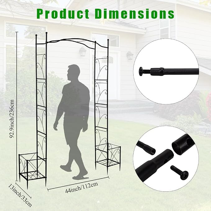 Metal Garden Arbors 93" Thickened Arch Trellis for Climbing Plants | Outdoor Arbor with Planter Box Rustproof Trellises Grapes Rose Wedding Arched Entrance Backdrop Stand Party Event Decoration