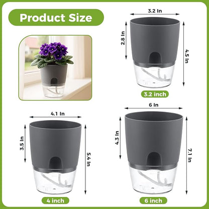 Planterhoma 8 Pack Self Watering Pots for Indoor Plants, 4 Inch Plant Pot Plastic Self Watering Planter for Orchid, African Violet, Small Clear Flower Pots with Drainage Holes and Wicking Rope, Grey