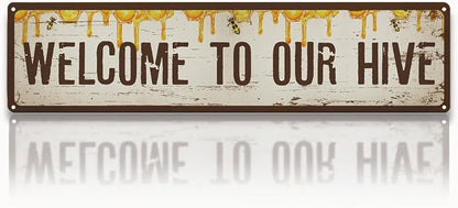 Garden Metal Tin Sign Bee Decor, Vintage Farmhouse Wall Art, Welcome to Our Hive Sign, for Yard Fence Door Porch, Rustic Indoor Outdoor Garden Decoration, 15.7 x 3.9 Inches
