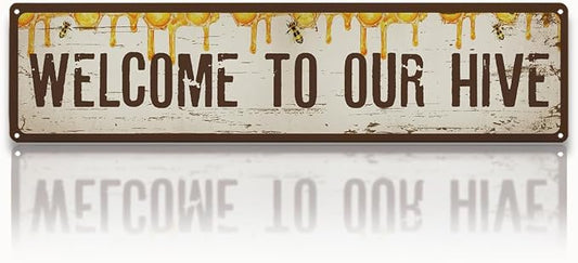 Garden Metal Tin Sign Bee Decor, Vintage Farmhouse Wall Art, Welcome to Our Hive Sign, for Yard Fence Door Porch, Rustic Indoor Outdoor Garden Decoration, 15.7 x 3.9 Inches