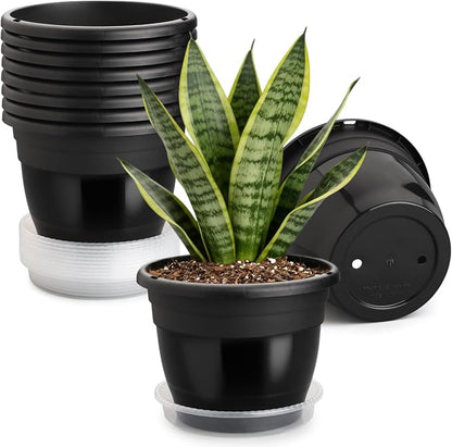 RooTrimmer 8 Inch Nursery Pots Set of 10 with Drainage Holes and Saucers,Plant Pots for Indoor Outdoor Plants,Orchid Pots for Repotting Flowers Herbs Succulents(Black)