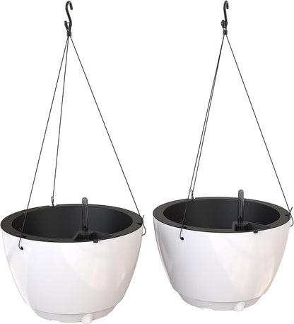 Mayne Caprio Self Watering Hanging Planter Set, 2 Pack - Sturdy, Lightweight Planters for Indoor and Outdoor Use, with Water Level Indicator and Drainage System, Basket for Flowers, White