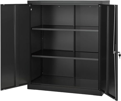 VEVOR Metal Storage Cabinet, 41.7 in Steel Garage Cabinet with 2 Adjustable Shelves, 2 Magnetic Doors & 2 Keys, 3 Tiers Lockable Tool Storage for Pantry, Warehouse, Basement, Office, Black