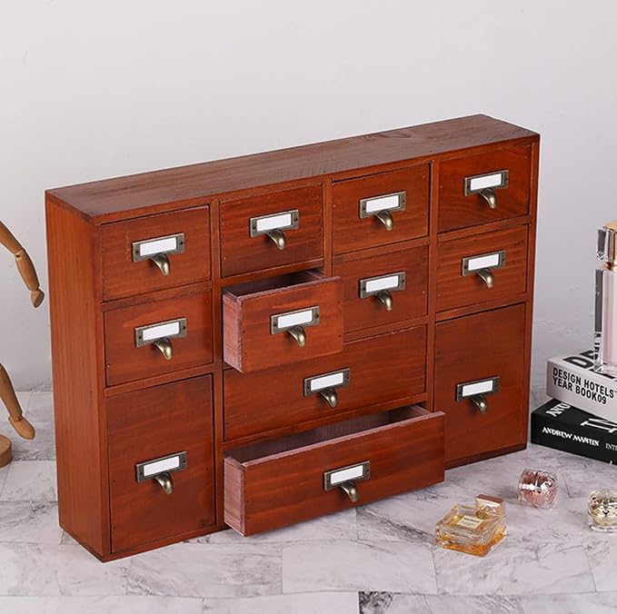 Apothecary Drawers Apothecary Cabinet with Drawers, Brown | 12 Drawer Library Card Catalog, Wooden Storage Box, Wooden Desktop Organizer with Metal Handles-Fulled Assembled