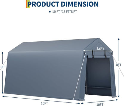 7x15 ft Outdoor Storage Shed, Portable Carport with Roll-up Ventilated Zipper Door and Windows, Heavy Duty Waterproof Tarp, Storage Sheds for Motorcycle, Bike, Firewood, Garden Tools
