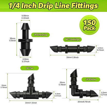 150 Pack Drip Irrigation Fittings Kit for 1/4" Tubing, Drip Line Barbed Connectors for 1/4 Inch Drip Irrigation Tubing Includes 60 Couplings 50Tees 20 Elbows 20 Plugs
