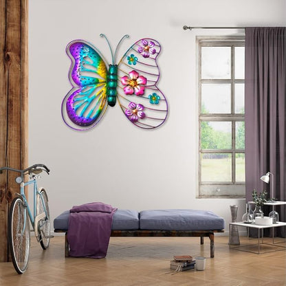 Metal Flower Butterfly Wall Decor Outdoor Indoor Wall Art Sculpture 13" Hanging Waterproof Garden Decorations Home Decorative Ornaments for Yard Fence Patio Balcony Bedroom Living Room Gift