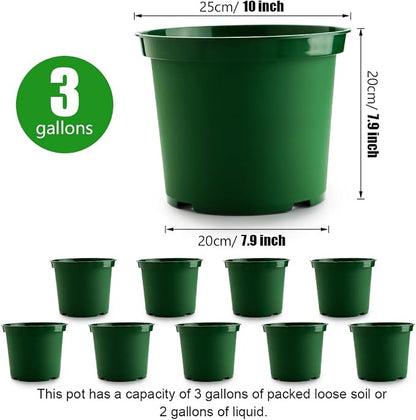 RooTrimmer 3 Gallon Plastic Nursery Pots, 10 Inch Round Plant Pots with Drainage Holes, 10 Pack Planting Pot for Outdoor Indoor Plants, Gardening Gifts for Women, Green