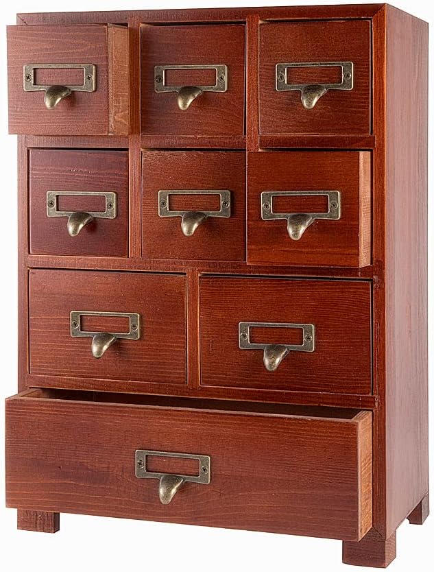 Apothecary Drawers Apothecary Cabinet with Drawers, Brown | 9 Drawer Library Card Catalog, Wooden Storage Box, Wooden Desktop Organizer with Metal Handles-Fulled Assembled