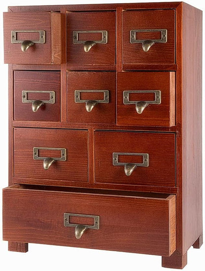 Apothecary Drawers Apothecary Cabinet with Drawers, Brown | 9 Drawer Library Card Catalog, Wooden Storage Box, Wooden Desktop Organizer with Metal Handles-Fulled Assembled
