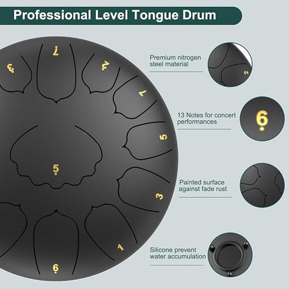 Large Steel Tongue Drum Handpan: 12 Inches 13 Notes Rain Drums for Outside Garden, Meditation Hand Pan with Music Book, Mallets and Carry Bag, Musical Instrument for Adult Kid Gift (Black)