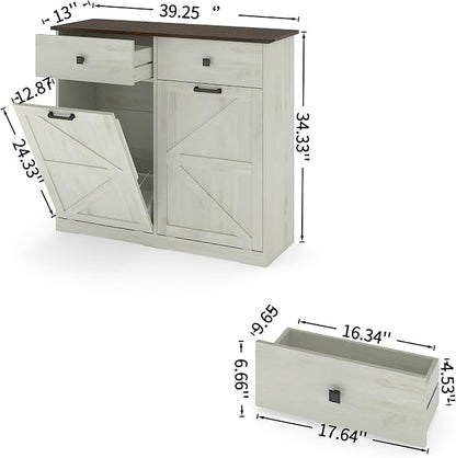 Ball & Cast Double Tilt Out Trash Cabinet for 20 Gallon Trash Cans, Farmhouse Barn Door Style with 2 Hideaway Drawers, Hidden Garbage & Recycling Center for Kitchen, Laundry Room (Antique White)