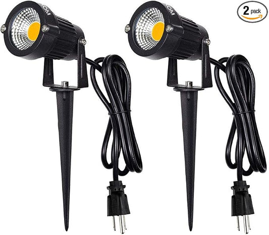 Landscape Outdoor,IP65 Waterproof Garden Spotlights,5W AC 120V Yard Flood Light,Metal Ground Stake Lawn,3200K LED Spotlight with 1.5M UL-Listed Cord and 3-Plug (2 Packs)