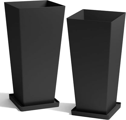 Worth Garden Large 28 in.Tall Planters Set of 2 for Indoor and Outdoor, Heavy Duty Plastic Black Modern Taper Flower Plant Pots with Drainage Hole and Dual-Purpose Tray for Front Porch, Patio