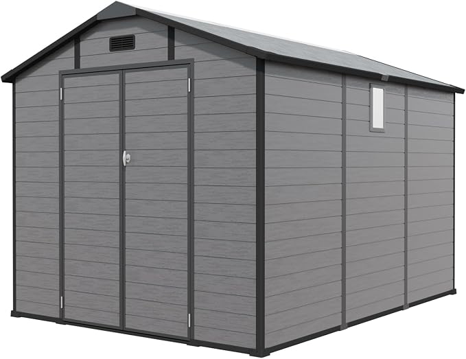 PVWIIK 8x10 ft Resin Outdoor Storage Shed with Floor & Window, Lockable Waterproof All-Weather Utility Shed for Garden Tools & Trash Bins, Gray