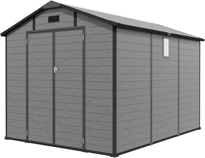 PVWIIK 8x10 ft Resin Outdoor Storage Shed with Floor & Window, Lockable Waterproof All-Weather Utility Shed for Garden Tools & Trash Bins, Gray
