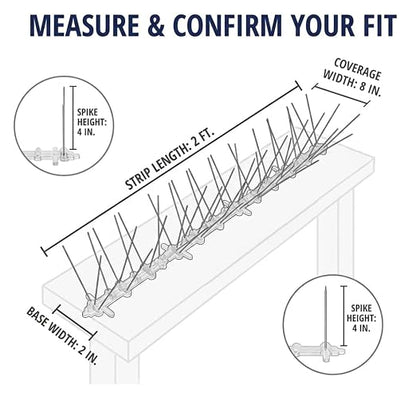 Bird-X Stainless Bird Spikes 8-Inch Extra-Wide, 2 Ft Strips, 100 Feet | Stainless Steel, Flexible Polycarbonate, Pigeons and Sparrows, Outdoor Areas