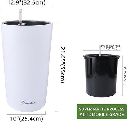 Dexceder 22x13 Self Watering Tall Planter (White Matte) | High Cylinder, Thickened Large Floor Standing Flower Plant Pot with Water Level Indicator Indoor Outdoor