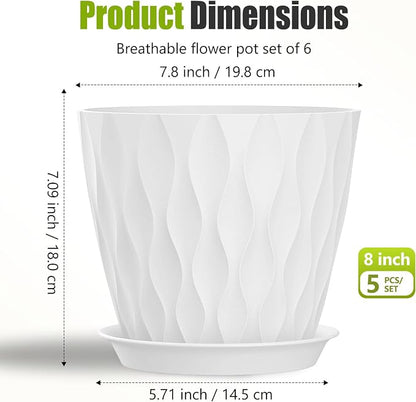 8 Inch Plastic Plant Pots,Set of 5 Flower Pots,Planters with Drainage Holes & Saucers, Indoor Outdoor Garden Pots for Home Decor(White)